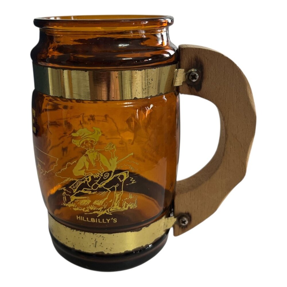 Vintage Tennessee Souvenir Mug – Amber Glass with Wooden Handle and Brass Trim –